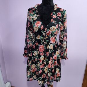American Eagle Dress Womens XS Black Floral Vneck Sheer Longsleeve Mini Ruffle